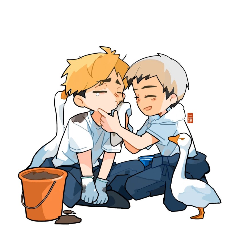 2boys animal bird black_hair blonde_hair blue_pants bucket closed_eyes colored_tips commentary crew_neck dirty dirty_clothes dirty_face gloves goose grey_hair haikyuu!! hashtag-only_commentary highres indian_style jumpsuit jumpsuit_around_waist kita_shinsuke kneeling male_focus miya_atsumu mud multicolored_hair multiple_boys open_mouth pants parted_bangs shirt short_hair short_sleeves simple_background sitting smile tears towel two-tone_hair white_background white_shirt wiping_face youze