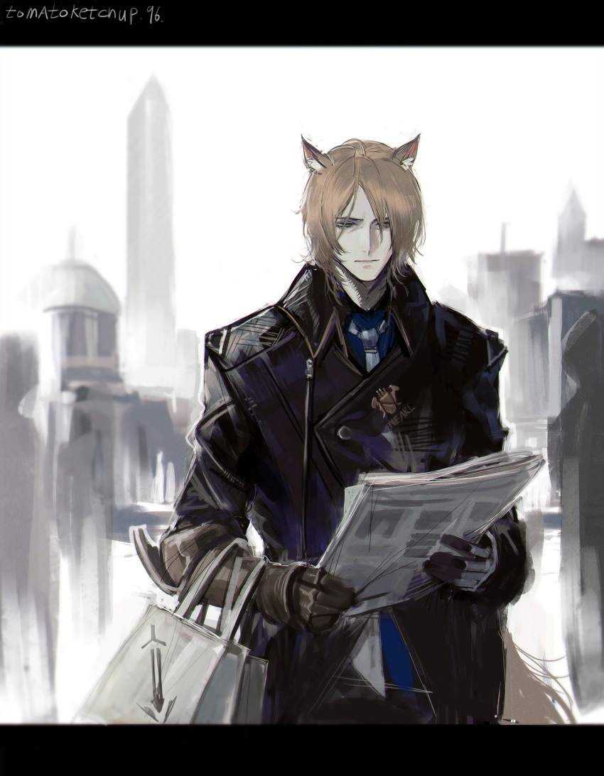 1boy animal_ears arknights artist_name bag black_border black_coat black_gloves blonde_hair blue_shirt border closed_mouth coat commentary cowboy_shot english_commentary gloves grey_necktie hair_between_eyes handbag highres holding holding_bag holding_newspaper long_hair looking_at_object male_focus mlynar_(arknights) necktie newspaper outdoors shirt solo tomatoketchup96 twitter_username