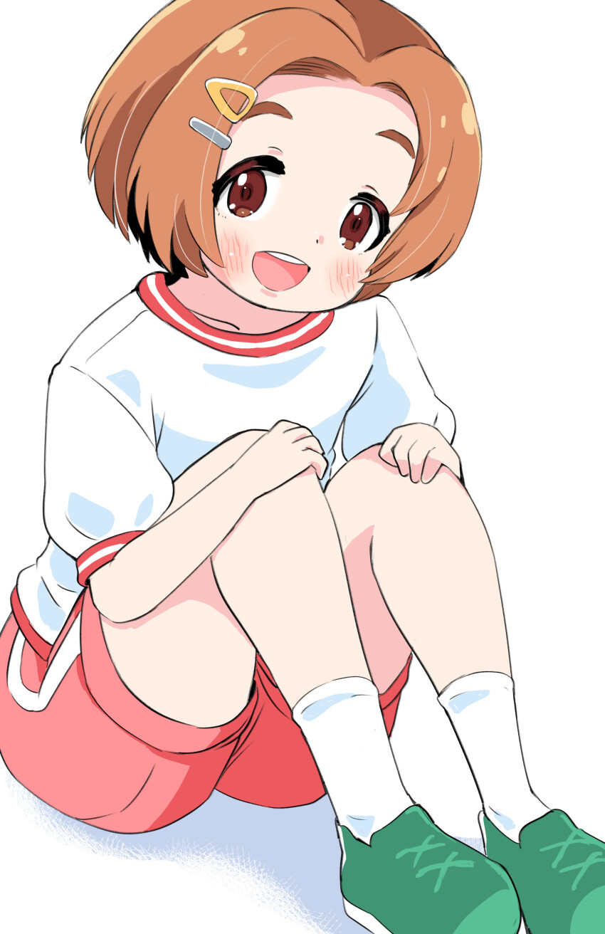 1girl :d absurdres blush brown_eyes brown_hair collarbone commentary_request forehead full_body green_shoes gym_shirt gym_shorts gym_uniform hair_ornament hairclip hands_on_own_knees highres idolmaster idolmaster_cinderella_girls lemon_pan open_mouth parted_bangs puffy_short_sleeves puffy_sleeves red_shorts ryuzaki_kaoru shirt shoes short_sleeves shorts simple_background smile socks solo thick_eyebrows white_background white_shirt white_socks