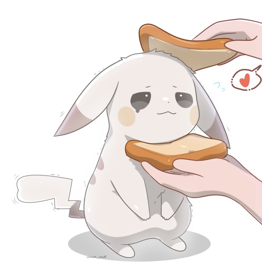 bread bread_slice food gen_1_pokemon grey_fur heart highres nintendo peakychu pikachu pokemon pokemon_(creature) pokemon_pokopia sarent_stuff simple_background speech_bubble tail white_background