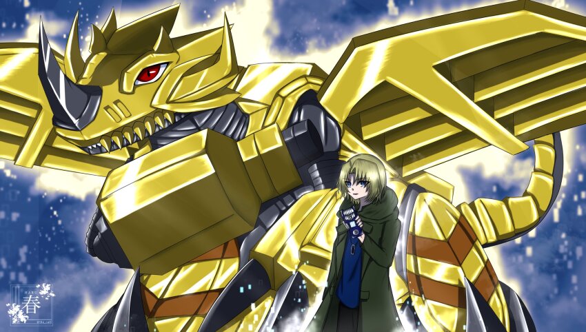 1boy aonuma_kiriha blonde_hair digimon digimon_(creature) energy highres horns red_eyes solo tail zekegreymon