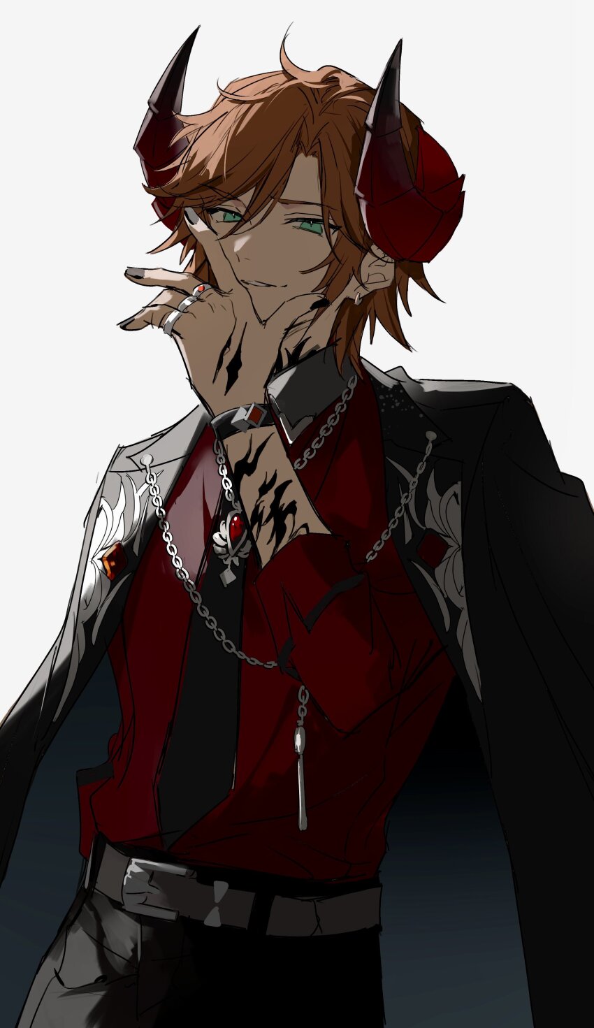 1boy absurdres aqua_eyes arm_tattoo asymmetrical_bangs backlighting belt black_coat black_nails black_necktie black_pants bracelet brown_hair chain chain_necklace coat collared_shirt cowboy_shot demon_boy demon_horns ear_piercing ensemble_stars! furrowed_brow grey_belt hand_on_own_chin hand_tattoo highres horns jewelry looking_at_viewer male_focus medium_hair mikejima_madara multiple_rings neck_tattoo necklace necktie nozz177 open_clothes open_coat pants piercing red_shirt ring shadow shirt simple_background smirk solo tattoo white_background