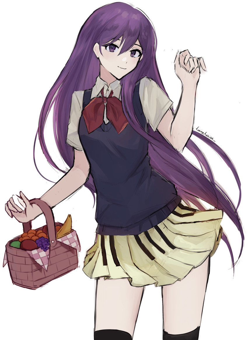 1girl absurdres artist_name basket black_sweater_vest bow bowtie closed_mouth collared_shirt commentary cowboy_shot english_commentary fraisefraise hair_between_eyes hands_up highres holding holding_basket holding_picnic_basket long_hair looking_at_viewer mari_(omori) miniskirt omori piano_print picnic_basket pleated_skirt print_skirt purple_eyes purple_hair red_bow red_bowtie revision school_uniform shirt short_sleeves simple_background skirt smile solo standing sweater_vest white_background white_shirt