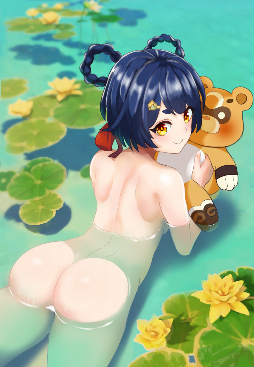 1girl absurdres ass back bare_back blue_hair blush braid braided_hair_rings breasts completely_nude female_focus flower genshin_impact guoba_(genshin_impact) hair_rings happyboynumber1 highres looking_at_viewer looking_back lotus lying medium_breasts nude o_o on_stomach panda partially_submerged pond short_eyebrows smile solo thick_eyebrows water wet wide-eyed xiangling_(genshin_impact) yellow_eyes