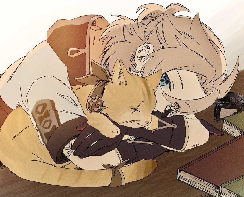 1boy albedo_(genshin_impact) animal animal_ears animal_nose bandana bishounen black_gloves blue_eyes book braid brown_bandana brown_ribbon cat cat_tail closed_eyes closed_mouth coat commentary covered_mouth crossed_arms english_commentary genshin_impact gloves hair_between_eyes half_up_braid half_up_half_down_braid highres holding hood hooded_coat hoodie inkwell kemono_j looking_at_another lying male_focus pet ponytail ribbon scar scar_across_eye scar_on_face short_hair short_ponytail short_sleeves simple_background sir_pouncelot_(genshin_impact) sleeping smile solo table tail white_background white_coat white_hoodie yellow_fur