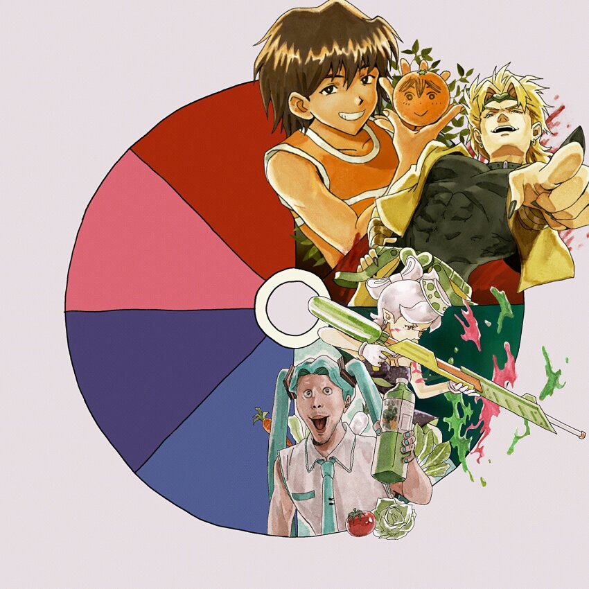 1girl 3boys abs aqua_hair aqua_nails aqua_necktie black_eyes black_nails blonde_hair brown_hair cabbage color_connection color_wheel color_wheel_challenge crossover dark-skinned_male dark_skin dio_brando earrings fangs food fruit gloves grey_hair hatsune_miku heart_headband highres holding holding_food holding_fruit inkling jerma985_(person) jewelry jojo_no_kimyou_na_bouken kel_(faraway)_(omori) kel_(omori) long_hair long_sleeves looking_at_viewer marie_(splatoon) mole mole_under_eye multiple_boys multiple_crossover multiple_drawing_challenge muscular muscular_male necktie nintendo object_on_head omori orange_(fruit) orange_tank_top pointy_ears poppippoo_(vocaloid) sapgoon shirt short_hair sleeveless sleeveless_shirt smile splatoon_(series) splatoon_1 stardust_crusaders tank_top teeth tentacle_hair tomato twintails vegetable vegetable_juice very_long_hair vocaloid white_gloves