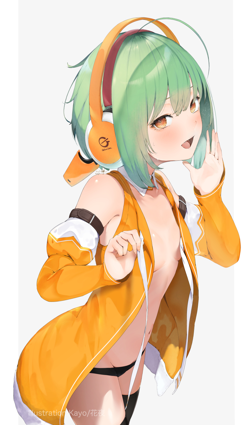 1girl absurdres arm_belt artist_name bare_shoulders black_panties black_thighhighs breasts chunithm collar commentary detached_collar detached_sleeves fang green_hair grey_background groin headphones highres holding holding_ribbon juliet_sleeves kisaragi_yaya light_blush long_sleeves looking_at_viewer navel open_clothes open_mouth open_shirt orange_eyes orange_shirt panties pillarboxed puffy_sleeves ribbon shirt short_hair signature sky_feather_(chunithm) sleeveless sleeveless_shirt small_breasts smile solo stomach sweat thighhighs underwear white_collar white_ribbon