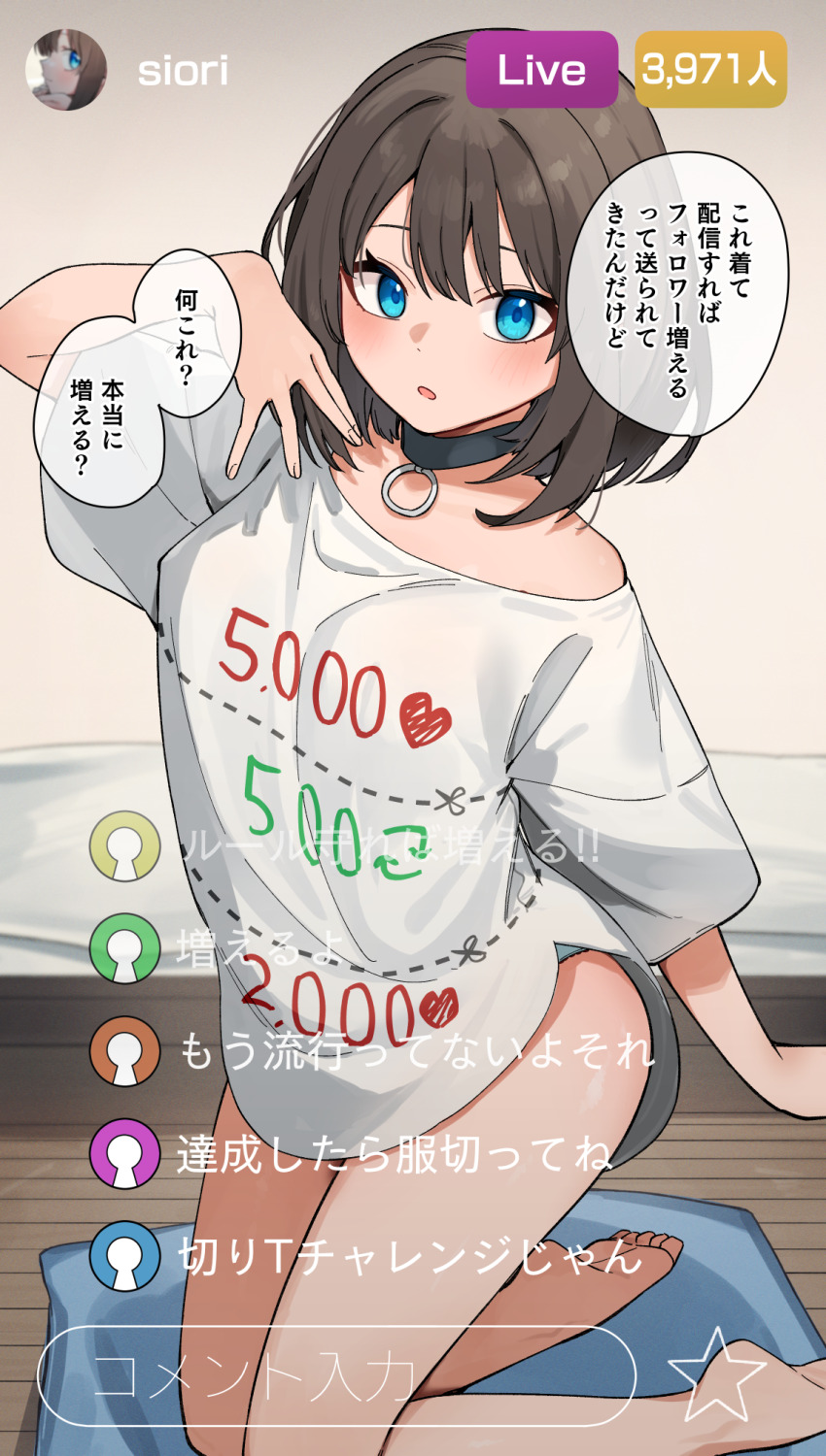 1girl barefoot black_collar blue_eyes blush brown_hair chat_log collar commentary_request cushion cut-here_line dotted_line fake_screenshot highres indoors like_and_retweet livestream looking_at_viewer no_pants o-ring_collar open_mouth original oversized_clothes oversized_shirt panties panty_peek shirt sho_bu_1116 short_hair short_sleeves single_bare_shoulder single_off_shoulder speech_bubble thighs translation_request twitter_cutting_game underwear white_shirt wooden_floor zabuton
