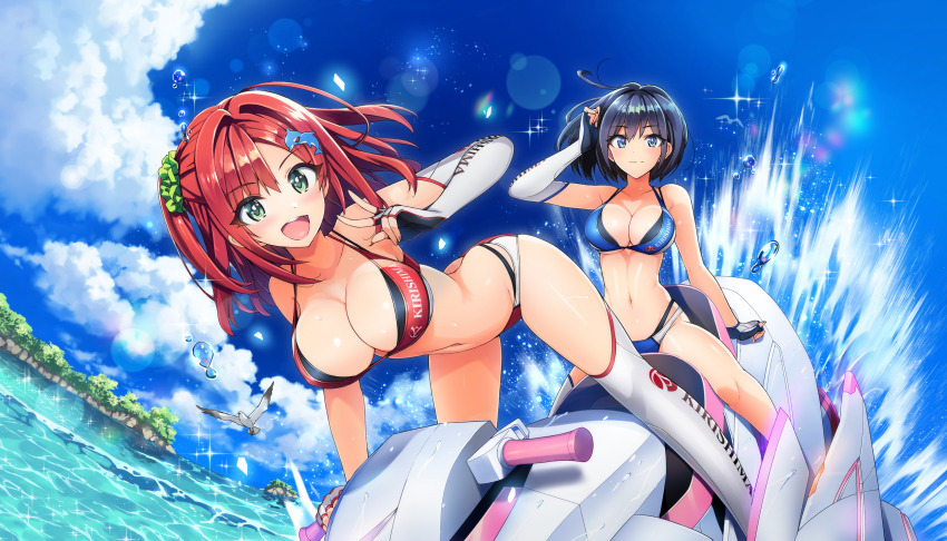 2girls :d ass bikini blue_bikini blue_hair bob_cut breasts butt_crack cleavage dolphin_hair_ornament dolphin_wave elbow_gloves fingerless_gloves game_cg gloves green_eyes green_scrunchie hair_ornament hair_scrunchie highres jet_ski kirishima_uniform kneehighs large_breasts layered_bikini looking_at_viewer multiple_girls navel non-web_source official_art one_side_up ootomo_takuji open_mouth outdoors red_bikini red_hair sakimiya_iruka scrunchie short_hair single_elbow_glove single_kneehigh single_sock single_thighhigh smile socks swimsuit thighhighs tojou_michiru v watercraft white_gloves white_thighhighs