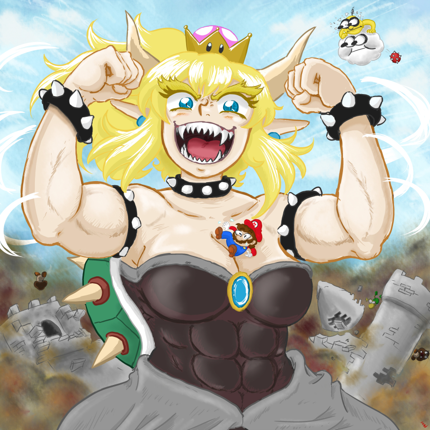 1girl 2boys :| abs absurdres aqua_eyes bare_shoulders blonde_hair blue_sky blush bowsette bracelet breasts broken_eyewear brooch brown_hair newsboy_cap castle cleavage clenched_hands closed_mouth cloud collar commentary day destruction english_commentary excited facial_hair floating_hair flying_sweatdrops giant giantess gloves goomba hair_between_eyes hands_up hat highres horns jewelry koopa_troopa long_hair long_sleeves looking_at_viewer mario mario_(series) medium_breasts motion_lines multiple_boys muscular muscular_female mustache new_super_mario_bros._u_deluxe nintendo open_mouth overalls pointy_ears ponytail red_hat red_shirt sharp_teeth shiny_skin shirt sidelocks sky slit_pupils solo_focus spiked_bracelet spiked_collar spiked_shell spikes spiny_egg super_crown t1g teeth thick_eyebrows tongue upper_body waist_cape white_gloves wind