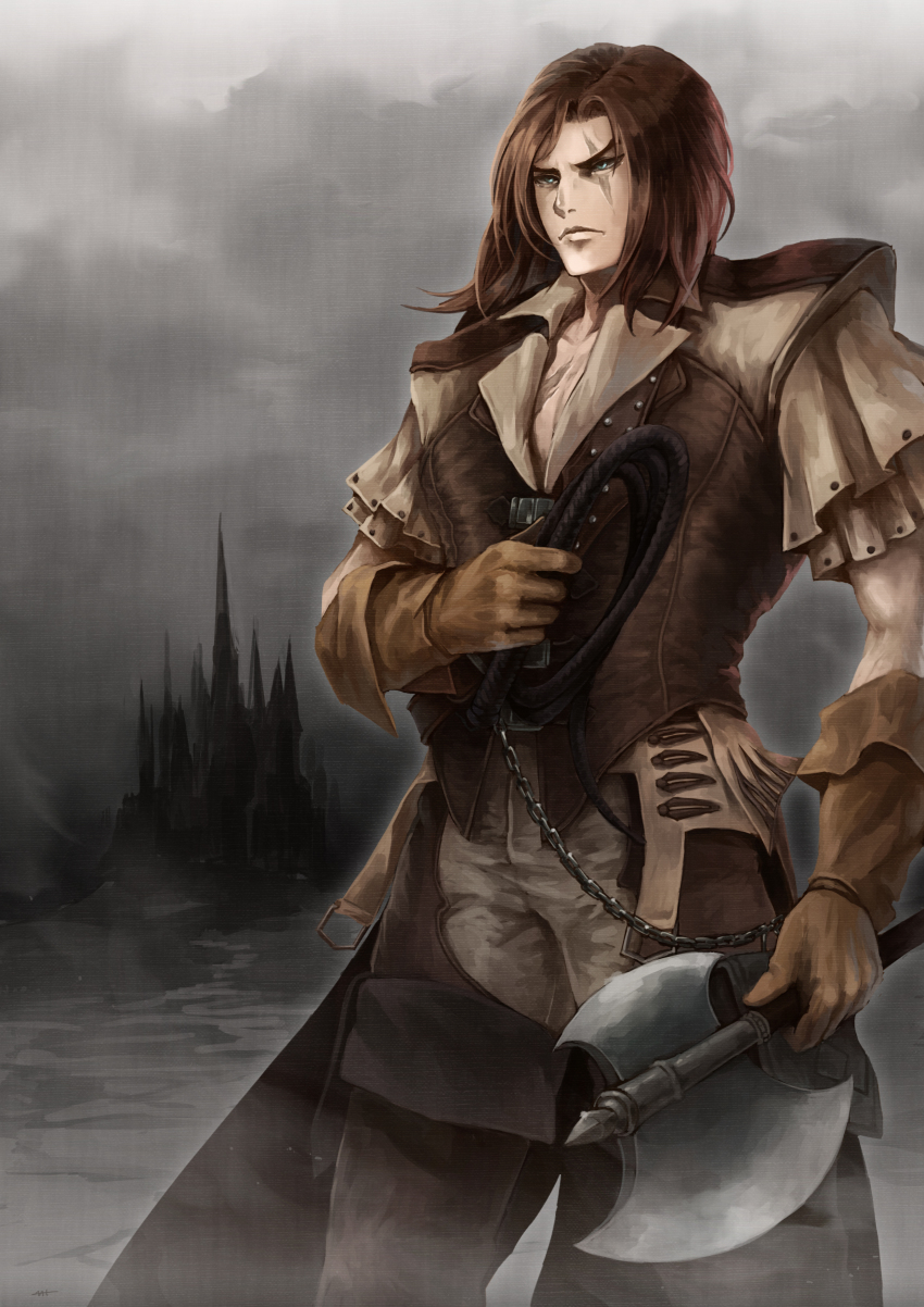 1boy absurdres axe blue_eyes brown_hair castle castlevania_(series) castlevania:_curse_of_darkness chain cloud cloudy_sky coat food_fighter_441 gloves highres konami long_hair male_focus outdoors pants ralph_c_belmont scar shirt short_sleeves sky solo trevor_belmont trevor_c._belmont weapon whip