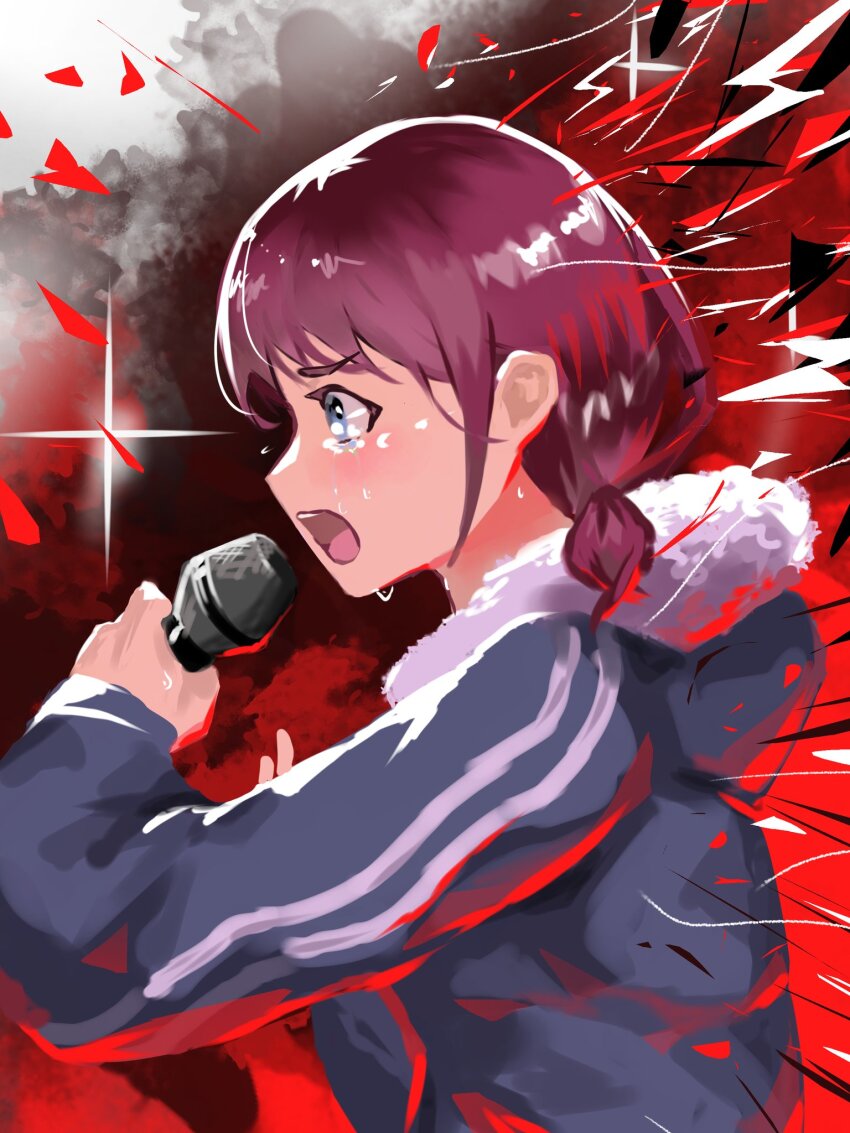 1girl black_hoodie blue_eyes brown_hair crying crying_with_eyes_open fur-trimmed_hoodie fur_trim girls_band_cry highres holding holding_microphone hood hood_down hoodie iseri_nina medium_hair microphone music short_twintails singing tears twintails vanillatried