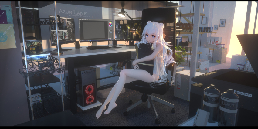 1girl 3d azur_lane bare_arms bare_shoulders barefoot blue_eyes canister chair computer copyright_name desk double_bun female_focus hair_bun highres hugging_object indoors le_malin_(azur_lane) letterboxed lingerie long_hair looking_at_viewer office_chair pillow pillow_hug plantar_flexion see-through_clothes sitting solo sunlight swd3e2 swivel_chair symbol-shaped_pupils thighhighs thighs underwear white_hair wide_shot