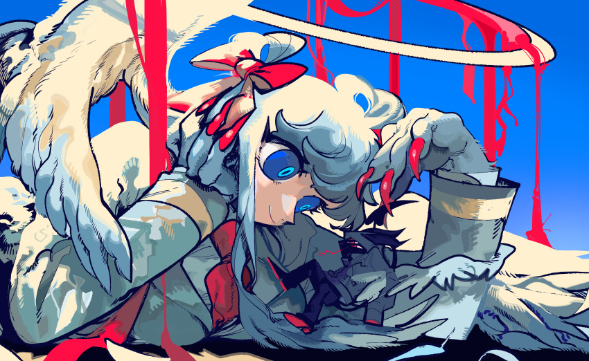 1boy 1girl absurdres angel_wings black_pants black_skin blue_background blue_eyes blue_pupils bow breasts closed_mouth colored_skin demon_boy demon_tail extra_eyes feathers fingernails giant giantess grey_hoodie hair_bow hair_rings halo hand_on_own_cheek hand_on_own_face head_rest highres hood hood_up hoodie horns jacket large_breasts long_hair long_sleeves looking_at_another mochako_(motyako_1005) monster_girl necktie original pants red_bow red_eyes red_nails red_necktie red_ribbon ribbon sharp_fingernails shoes sitting sitting_on_person size_difference smile tail unworn_ribbon white_hair white_jacket wings