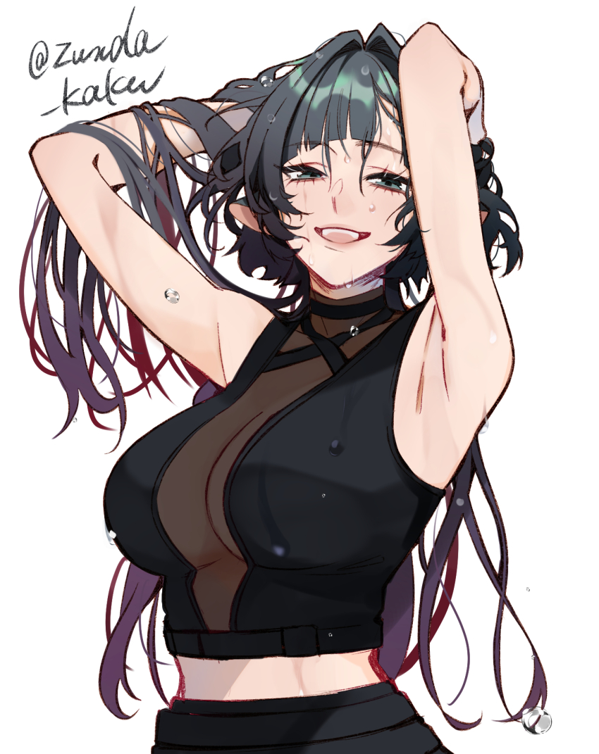 1girl adjusting_hair animal_ears armpits arms_up artist_name breasts cleavage gradient_hair hair_lift hand_in_own_hair hands_in_own_hair highres jane_doe_(zenless_zone_zero) large_breasts long_hair mouse_ears mouse_girl multicolored_hair see-through_cleavage see-through_clothes simple_background solo twitter_username upper_body wet wet_hair white_background zenless_zone_zero zunda_kaku