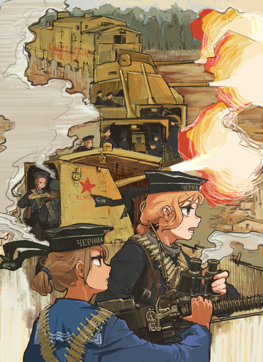 ammunition ammunition_belt anchor_symbol armored_train armored_vehicle artillery axdg bandolier belt binoculars blonde_hair blue_jacket brown_eyes brown_hair cyrillic dshk firing grey_sweater gun hat heavy_machine_gun highres holding holding_binoculars holding_gun holding_weapon jacket locomotive looking_ahead looking_to_the_side machine_gun military military_hat military_uniform military_vehicle multiple_girls muzzle_flash naval_uniform naval_working_uniform original ponytail railroad_tracks red_star russian_text sailor sailor_collar sailor_hat siege_of_sevastopol smoke soviet soviet_naval_infantry soviet_navy star_(symbol) sweater train turret turtleneck turtleneck_sweater weapon world_war_ii