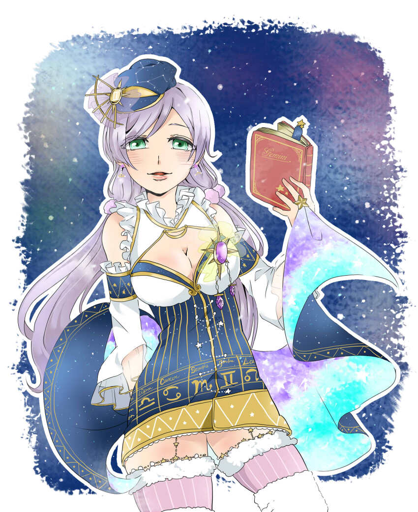 1girl aquarius_(symbol) blue_headwear blush book breasts bridal_gauntlets cancer_(symbol) cleavage commentary_request constellation_(love_live!) cow detached_sleeves fur-trimmed_thighhighs fur_trim garter_straps gemini_(constellation) gemini_(symbol) green_eyes hair_ornament hair_scrunchie highres holding holding_book idol idol_clothes kashikaze large_breasts libra_(symbol) long_hair looking_at_viewer love_live! love_live!_school_idol_festival love_live!_school_idol_project low_twintails open_mouth outline pink_thighhighs purple_hair purple_scrunchie scorpio_(symbol) scrunchie solo thighhighs tojo_nozomi twintails white_outline wide_sleeves zettai_ryouiki