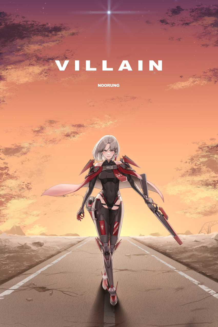 1girl absurdres armor armored_boots armored_gloves arms_at_sides artist_name bare_shoulders boots breastplate buckle cape cloud collarbone commentary covered_navel drake_(nikke) elbow_gloves english_commentary english_text floating_cape gloves goddess_of_victory:_nikke gun hair_ribbon highres holding holding_gun holding_weapon holster leotard looking_at_viewer noorung outdoors parted_bangs red_eyes ribbon road short_hair shotgun shoulder_armor solo star_(sky) sunset thigh_armor thigh_holster thighhighs tress_ribbon trigger_discipline weapon white_hair