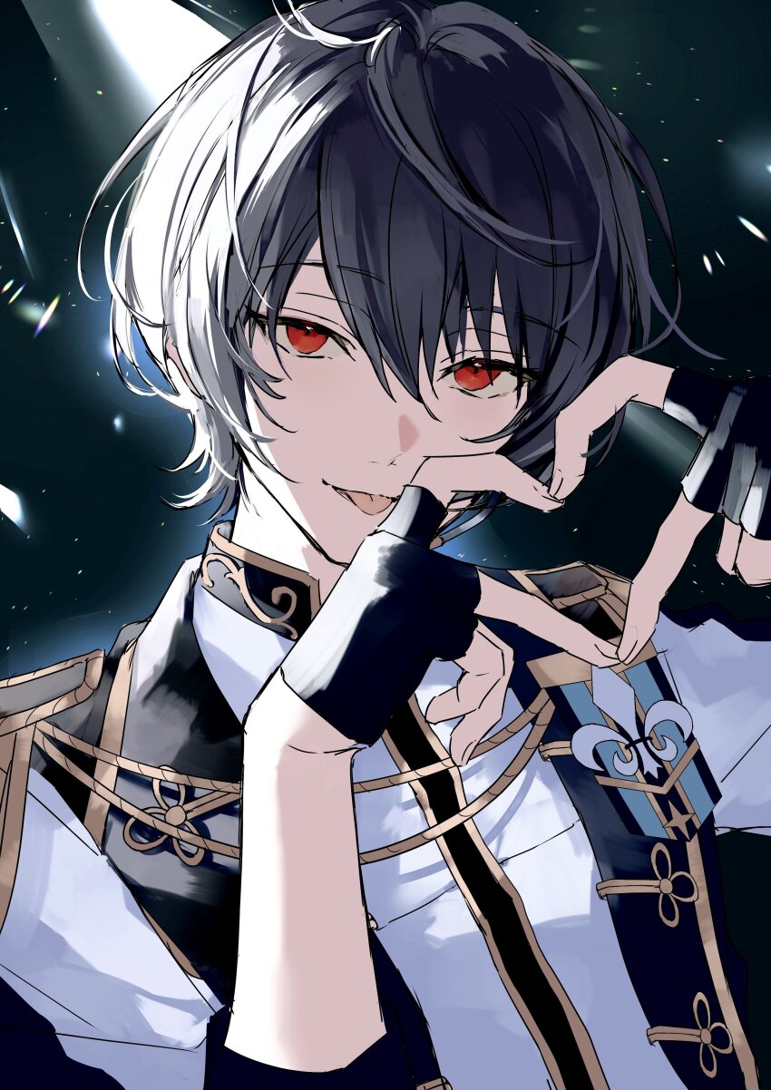 1boy four-finger_heart_hands absurdres arms_up black_gloves black_hair black_vest dark_background ensemble_stars! fingerless_gloves gloves hair_between_eyes heart heart_hands highres light_particles light_rays looking_at_viewer nozz177 official_alternate_costume red_eyes sakuma_ritsu shirt short_hair solo tongue tongue_out vest white_shirt