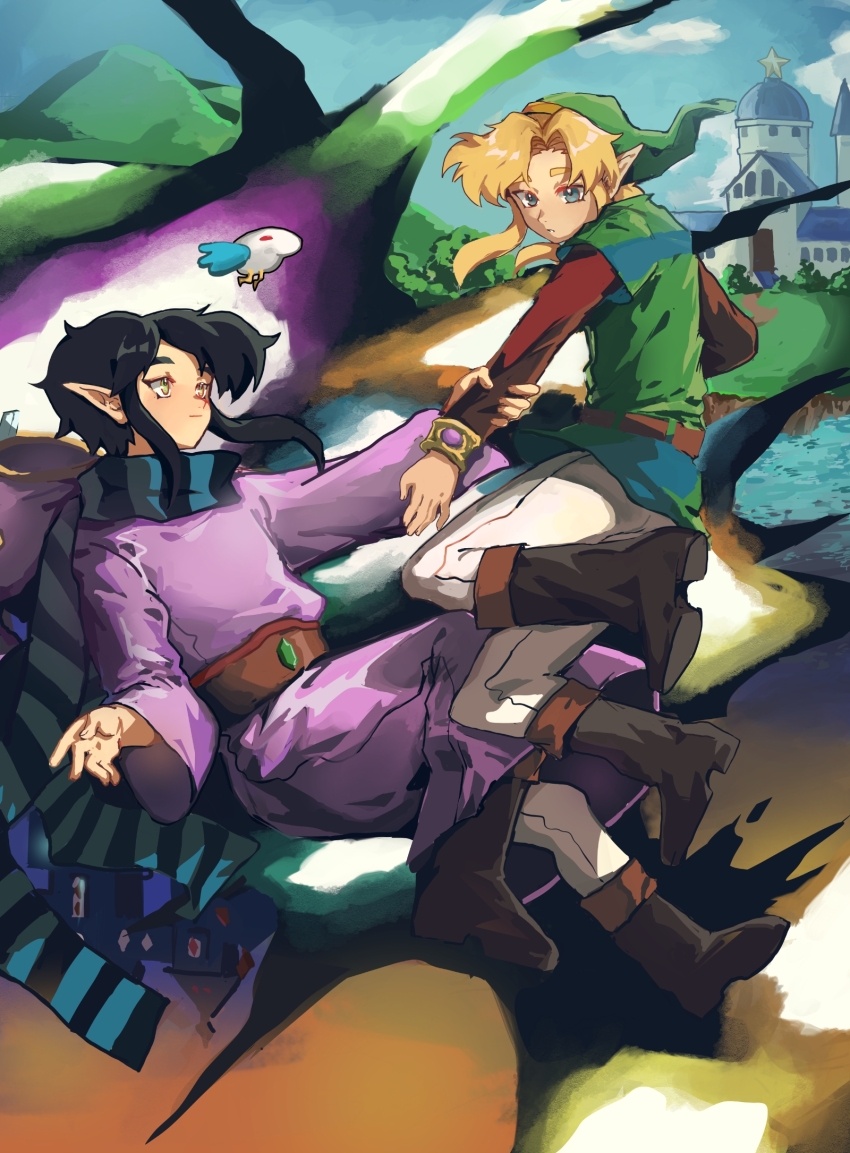 2boys belt biamaoosrhrs black_hair black_scarf blonde_hair blue_eyes blue_scarf boots bracelet brown_belt brown_boots brown_sleeves castle closed_mouth commentary dress floating full_body gold_bracelet green_hat green_tunic hat highres holding_hands jewelry knee_boots layered_sleeves link long_sleeves male_focus multiple_boys nintendo outdoors pants parted_bangs pointy_ears purple_robe ravio robe scarf sheerow shirt short_hair short_hair_with_long_locks short_over_long_sleeves short_sleeves sidelocks sky striped_clothes striped_scarf the_legend_of_zelda the_legend_of_zelda:_a_link_between_worlds tree tunic white_pants
