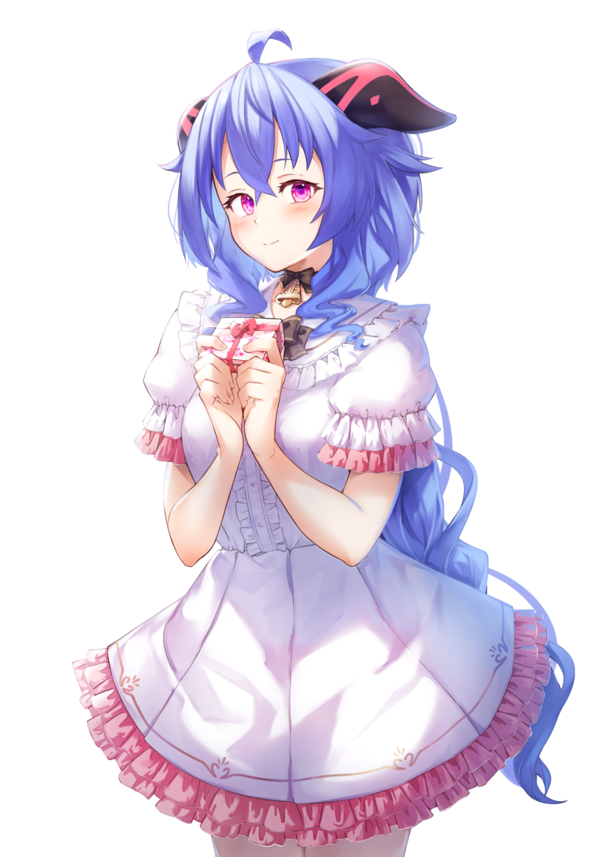 1girl ahoge alternate_costume blue_hair box choker commentary dress frilled_dress frills ganyu_(genshin_impact) genshin_impact gift gift_box hair_between_eyes highres holding holding_gift horns indonesian_commentary long_hair looking_at_viewer purple_eyes rizihike short_sleeves sidelocks simple_background smile solo valentine white_background white_dress