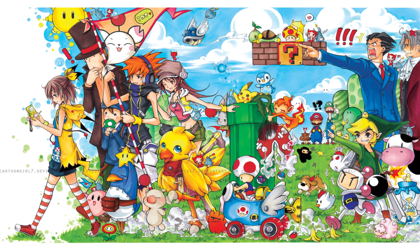 !? 1-up_mushroom 1up 2girls 6+boys ?_block ace_attorney artist_self-insert banana_peel baseball_cap bird black_hair blonde_hair blue_eyes blue_shell_(mario) bomb bomberman book brown_eyes brown_hair cabbie_hat cameo capcom chicken chimchar chocobo cloud cosplay cow creatures_(company) cross crossover disgaea dog drainpipe dust elebits explosive facial_hair feathers final_fantasy final_fantasy_crystal_chronicles final_fantasy_fables final_fantasy_tactics_advance fire fire_flower flower formal_clothes game_freak gen_1_pokemon gen_2_pokemon gen_4_pokemon gloves goomba great_ball hair_ornament hairdressing handheld_game_console harvest_moon hat headphones heart highres hourglass jacket joanna_(mojo!) kingdom_hearts kirby kirby_(series) level-5 link long_hair luigi mario mario_(series) mario_kart mario_kart_64 mario_kart_wii master_ball miles_edgeworth misaki_shiki moogle multiple_boys multiple_crossover multiple_girls mushroom mustache navi necktie ninja ninja_(final_fantasy) ninjatown nintendo nintendo_ds objection open_mouth orange_hair penguin phoenix_wright pichu pikachu pikachu_(cosplay) piplup piranha_plant pointing pointy_ears poke_ball poke_ball_(basic) pokemon premier_ball prinny professor_layton professor_layton_vs._phoenix_wright:_ace_attorney sakuraba_neku shield shield_on_back short_hair shorts shuriken silver_hair smile star_(symbol) starter_pokemon_trio striped_clothes striped_legwear striped_thighhighs stylus subarashiki_kono_sekai super_mario_bros._1 super_mushroom super_star_(mario) sweatdrop sword the_legend_of_zelda the_legend_of_zelda:_phantom_hourglass thighhighs toad_(mario) toon_link top_hat traditional_media turtwig ultra_ball watermark weapon wee_devil wee_ninja white_bomberman