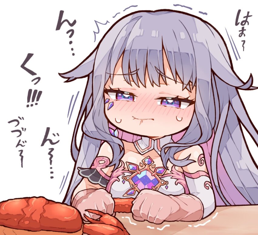 1girl breasts chest_jewel colored_inner_hair crab detached_collar face_jewel gem gloves grey_hair highres hololive hololive_english jewel_under_eye koseki_bijou kukie-nyan light_blush long_hair material_growth multicolored_hair purple_eyes purple_gemstone purple_hair rubber_gloves simple_background small_breasts solo struggling sweat very_long_hair virtual_youtuber