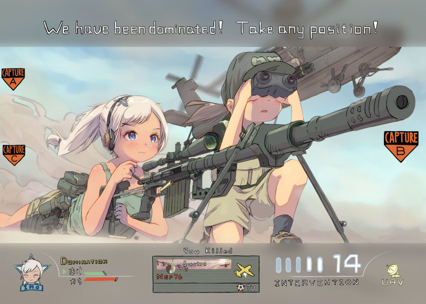 2girls agm-114_hellfire air-to-surface_missile aircraft airplane anti-tank_guided_missile anti-tank_missile binoculars blue_eyes blush call_of_duty call_of_duty:_modern_warfare_2 english_text fake_screenshot female_focus gun hat helicopter highres kneeling lying military military_uniform multiple_girls nep_(nep_76) on_stomach outdoors ponytail pouch precision-guided_munition rifle serious shell_casing shoes shorts sniper_rifle surface-to-surface_missile tank_top user_interface weapon white_hair