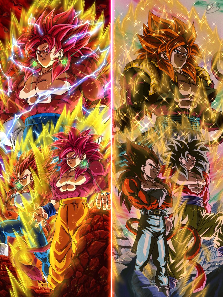 abs absurdres aura black_hair body_fur dougi dragon_ball dragon_ball_daima dragon_ball_gt earrings gloves gogeta highres hiro_(udkod1ezlyi2flo) jewelry male_focus metamoran_vest monkey_boy monkey_tail multiple_boys muscular muscular_male pants pectorals potara_earrings red_fur saiyan smile son_goku spiked_hair super_saiyan super_saiyan_4 tail vegeta vegetto yellow_aura