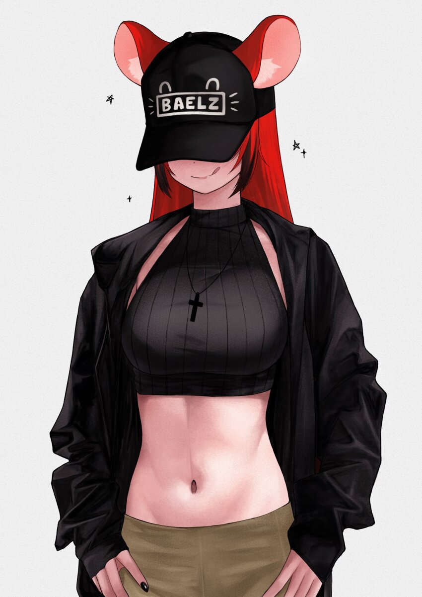 1girl alternate_costume animal_ears baseball_cap black_hair black_hat black_jacket black_nails black_sweater breasts commentary covered_eyes cross cross_necklace english_commentary grey_background hakos_baelz hands_on_own_hips hat hat_over_eyes highres hololive hololive_english jacket jewelry large_breasts mouse_ears mouse_girl multicolored_hair nail_polish navel necklace red_hair simple_background sleeveless sleeveless_sweater sleeveless_turtleneck sleeveless_turtleneck_sweater smile solo streaked_hair sweater tongue tongue_out turtleneck turtleneck_sweater unmeidesu virtual_youtuber
