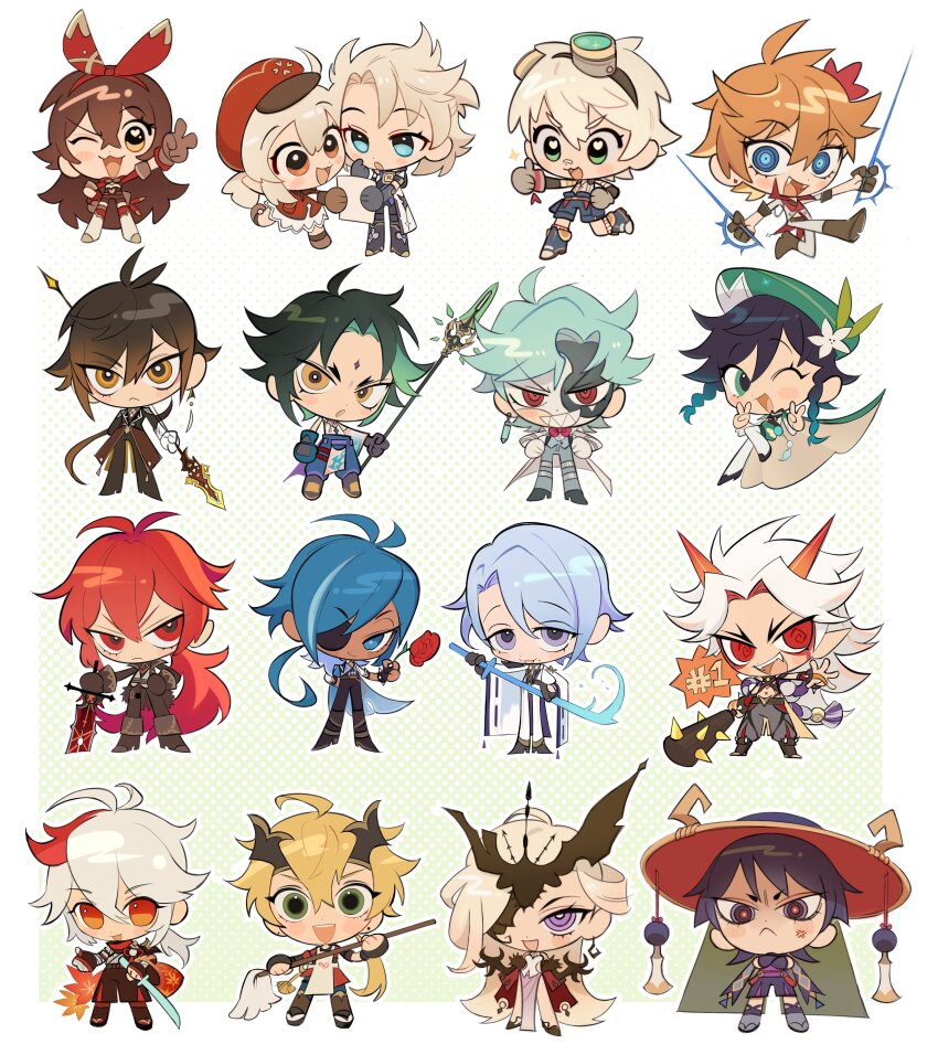 3girls 6+boys :3 absurdres albedo_(genshin_impact) amber_(genshin_impact) anger_vein arataki_itto bennett_(genshin_impact) blonde_hair blue_hair boots braid brown_gloves cape chibi closed_mouth club club_(weapon) commentary dark-skinned_male dark_skin diluc_(genshin_impact) dottore_(genshin_impact) double_v dual_wielding english_commentary eyepatch facial_mark fangs flower forehead_mark genshin_impact gloves goggles goggles_on_head greatsword grin hair_between_eyes hands_up hat heart heart-shaped_pupils highres holding holding_weapon horns jacket japanese_clothes jingasa kaedehara_kazuha kaeya_(genshin_impact) kamisato_ayato klee_(genshin_impact) liquid_weapon long_hair mask mask_on_head mask_over_one_eye mop multicolored_hair multiple_boys multiple_girls one_eye_closed open_mouth orange_hair pants planted planted_sword planted_weapon polearm ponytail primordial_jade_winged-spear_(genshin_impact) red_hair ropi_(gmkr_66) scaramouche_(genshin_impact) shorts signora_(genshin_impact) simple_background smile spiked_club streaked_hair sword symbol-shaped_pupils tartaglia_(genshin_impact) thoma_(genshin_impact) thumbs_up v very_long_hair vortex_vanquisher_(genshin_impact) weapon wolf&#039;s_gravestone_(genshin_impact) xiao_(genshin_impact) zhongli_(genshin_impact)