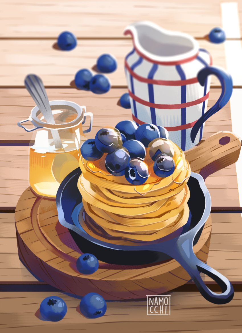 absurdres blueberry commentary english_commentary food food_focus fruit griddle highres honey in_container maple_syrup namocchi no_humans original pancake pancake_stack pitcher_(container) signature spoon syrup table utensil wooden_table