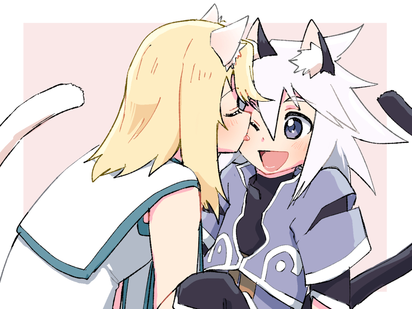 2boys animal_ears azuma_yukihiko blonde_hair blue_eyes cat_boy cat_ears cat_tail genius_sage highres licking licking_another&#039;s_cheek licking_another&#039;s_face looking_at_another male_focus medium_hair mithos_yggdrasill multiple_boys one_eye_closed open_mouth tail tales_of_(series) tales_of_symphonia trap white_hair yaoi