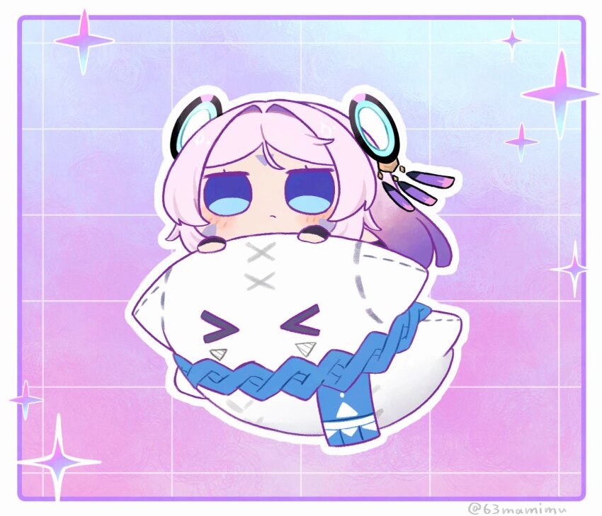&gt;_&lt; 1girl blue_eyes blue_scarf chibi chibi_only citlali_(genshin_impact) citlalin_(genshin_impact) facial_mark floating_headgear forehead_mark four-pointed_star genshin_impact gradient_background gradient_hair hair_intakes hair_ornament hashtag-only_commentary headgear highres light_blush multicolored_hair mumi_mamimu pillow pink_hair pout ring_hair_ornament scarf solo triangle triangle_facial_mark