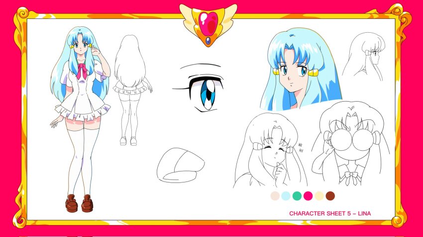 1girl ^_^ ai_no_megami:_bisou-lady bisouhime blue_eyes blue_hair border brown_footwear character_name reference_sheet chibi closed_eyes closed_mouth color_guide commentary copyright_request dress frilled_dress frills highres laughing lina_(ai_no_megami:_bisou-lady) long_hair middle_part multiple_expressions ornate_border pale_skin red_border round_eyewear short_sleeves sidelocks smile symbol-only_commentary thighhighs white_dress white_thighhighs