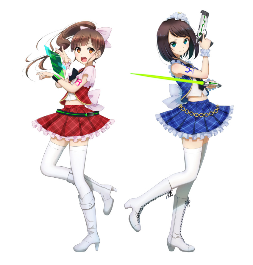 2girls artist_request bob_cut gun highres hologram jacket_(artist) multiple_girls ponytail rina skirt smartwatch weapon wristwatch yuzuka