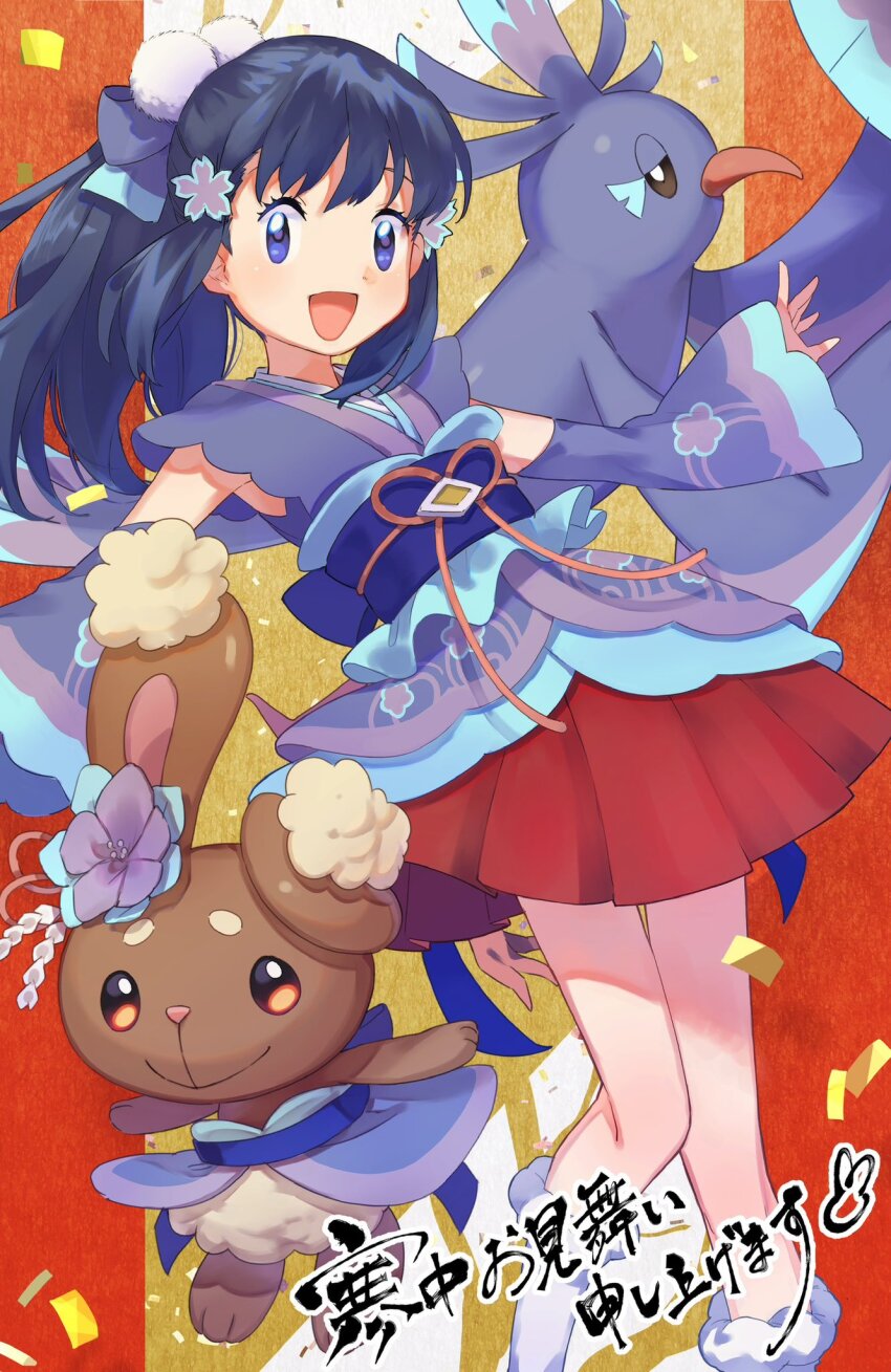 1girl :d black_hair buneary commentary_request dawn_(new_year&#039;s_2023)_(pokemon) dawn_(pokemon) detached_sleeves eyelashes gen_4_pokemon gen_7_pokemon hair_ornament hair_ribbon highres ichihara_yuuto japanese_clothes kimono long_hair looking_at_viewer nintendo official_alternate_costume open_mouth oricorio oricorio_(sensu) pleated_skirt pokemon pokemon_(creature) pokemon_masters_ex purple_eyes purple_kimono red_skirt ribbon skirt smile socks tongue white_socks