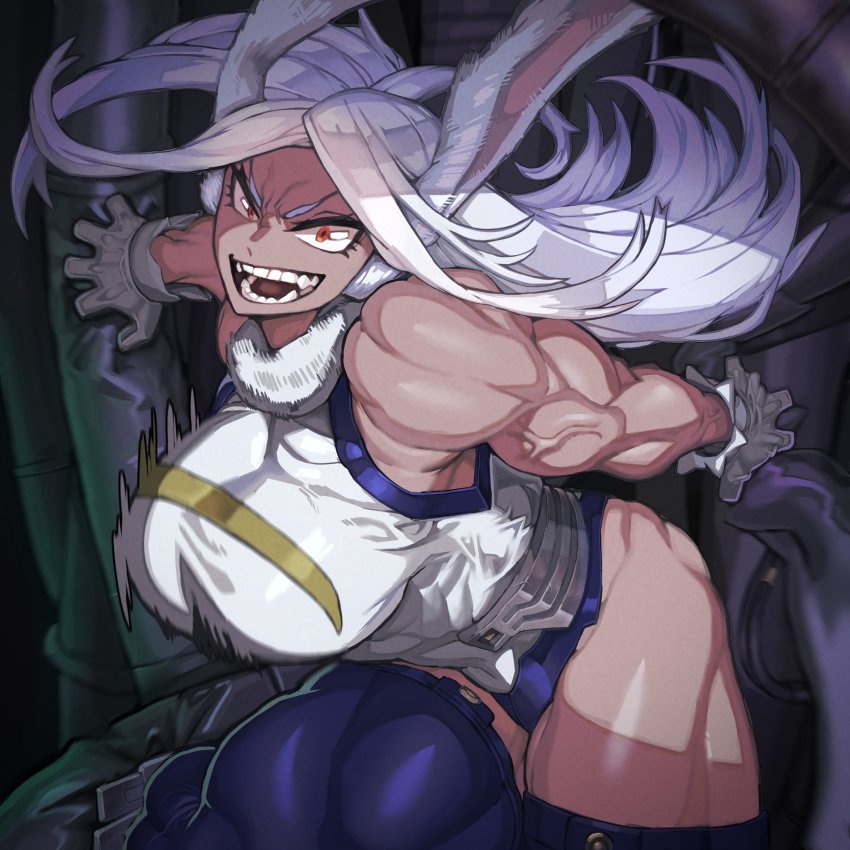 1girl animal_ears biceps boku_no_hero_academia bouncing_breasts breasts clothing_cutout dark-skinned_female dark_skin destruction heattech_leotard highres kugara4423 large_breasts leotard mirko motion_lines muscular muscular_female open_mouth rabbit_ears rabbit_girl rabbit_tail smile solo superhero_costume tail tail_through_clothes thick_thighs thighhighs thighs turtleneck white_hair white_leotard