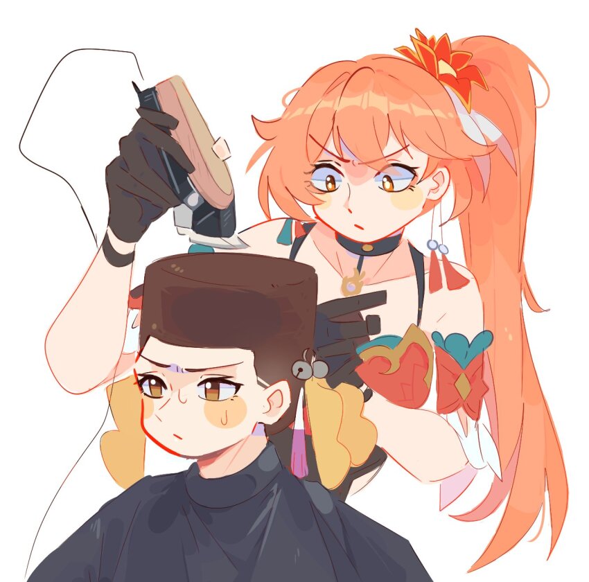 2girls bare_shoulders bell black_choker brown_eyes brown_hair choker choso_giving_toudou_a_haircut_(meme) electric_razor fade_(haircut) guinaifen_(honkai:_star_rail) hair_bell hair_ornament highres holding honkai:_star_rail honkai_(series) jingle_bell long_hair meme multiple_girls orange_eyes orange_hair razor short_sleeves side_ponytail simple_background spaghetti_strap sushang_(honkai:_star_rail) unfamousradish v-shaped_eyebrows very_long_hair white_background