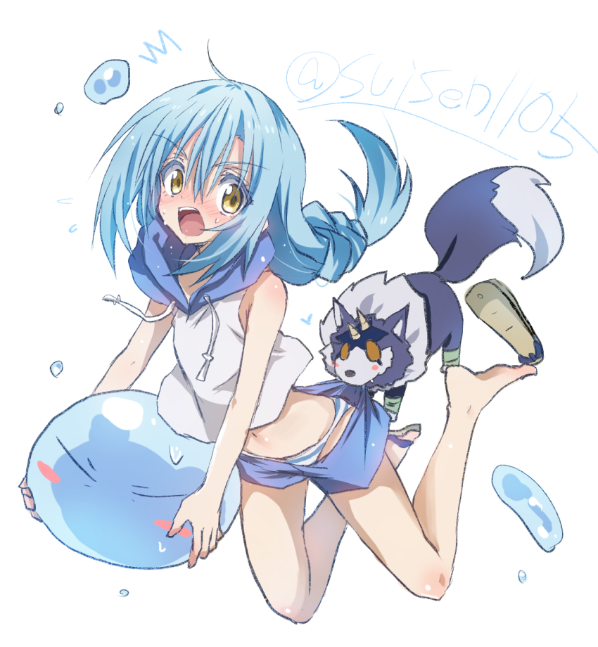 2others akatsuki_(ggsy7885) artist_name blue_hair blush braid full_body highres long_hair midriff multiple_others navel open_mouth panties ranga_(tensura) rimuru_tempest rimuru_tempest_(slime) shirt shorts single_braid sleeveless slime_(creature) slime_(substance) striped_clothes striped_panties tensei_shitara_slime_datta_ken underwear white_background white_shirt yellow_eyes