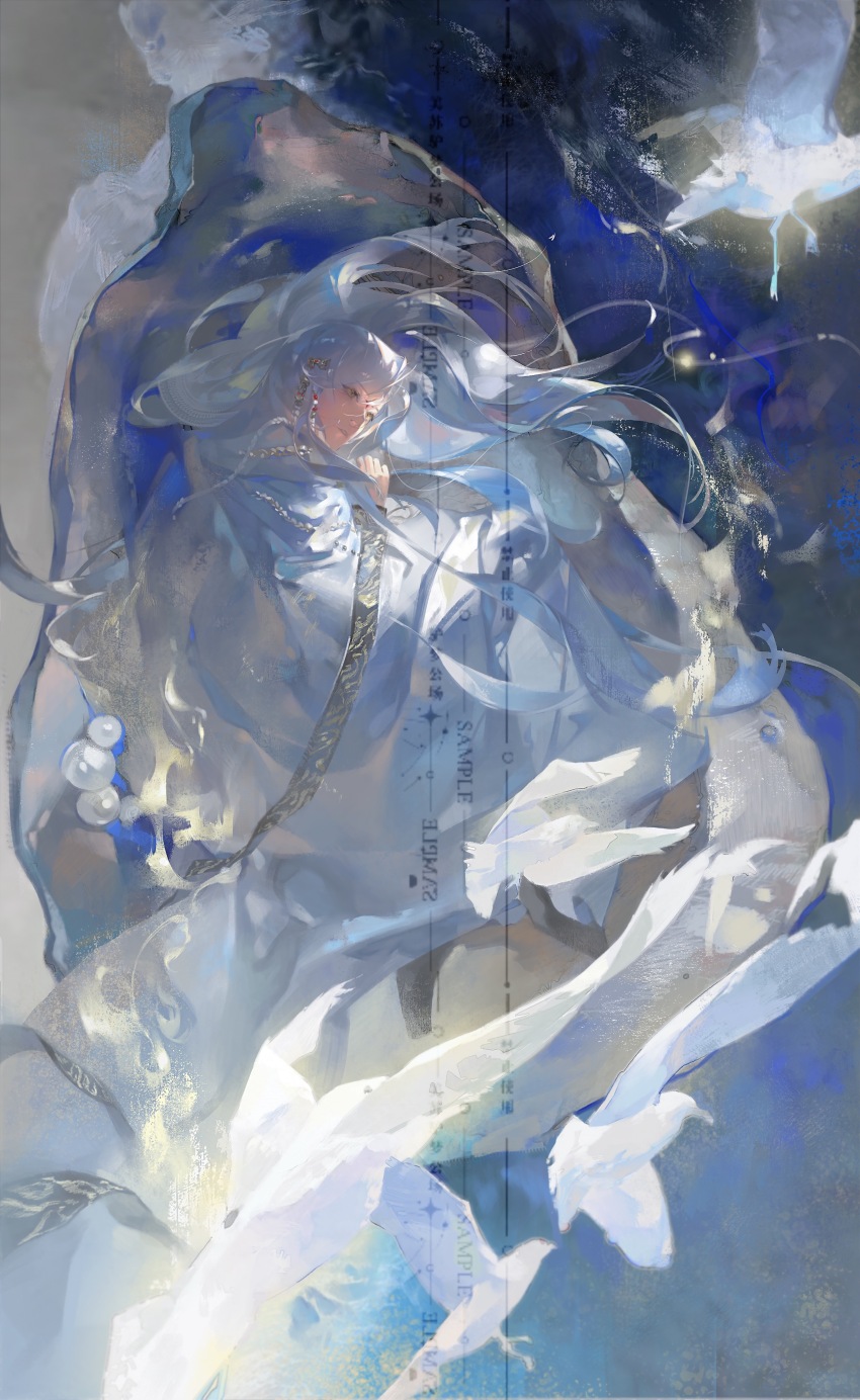1boy abstract_background absurdres beads bird chinese_clothes closed_mouth curtained_hair facial_mark floating_hair from_side full_body glowing hair_ornament hand_up hanfu highres huadian jinguang_budaixi long_sleeves looking_to_the_side male_focus midair moranhuishouquandoushigou parted_bangs qiao_rulai sample_watermark solo watermark white_bird white_hair white_hanfu white_sleeves yellow_eyes