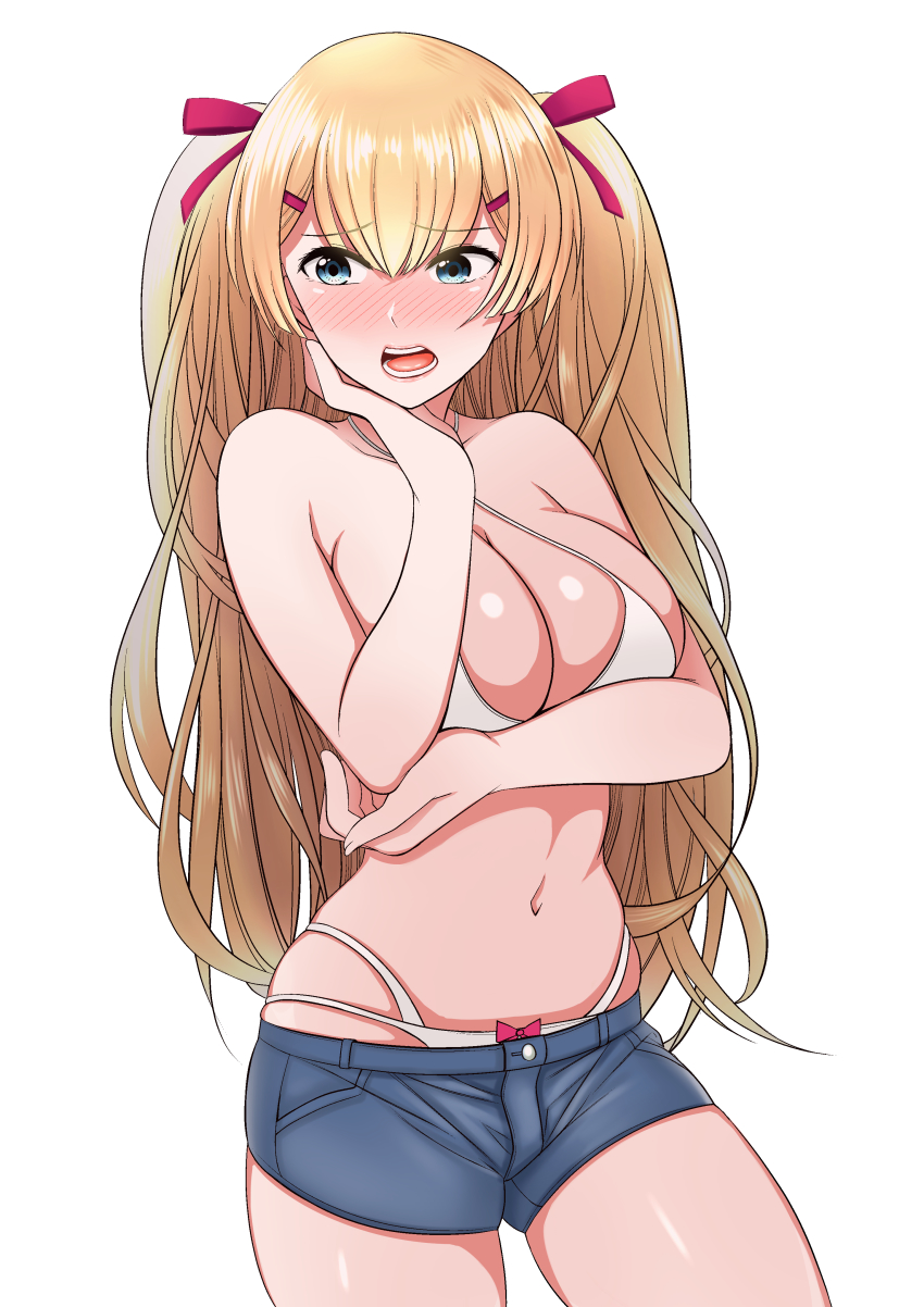 1girl absurdres alternate_costume azur_lane bad_id bad_pixiv_id bare_shoulders bikini blonde_hair blue_eyes blush breast_hold breasts cleavage cowboy_shot criss-cross_halter denim denim_shorts embarrassed female_focus hair_ribbon halterneck head_rest highres kanatayama large_breasts lips long_hair looking_away navel open_mouth ribbon short_shorts shorts simple_background skindentation solo sussex_(azur_lane) sussex_(sunlit_tulip)_(azur_lane) sussex_(sunlit_tulips)_(azur_lane) swimsuit teeth twintails white_background white_bikini