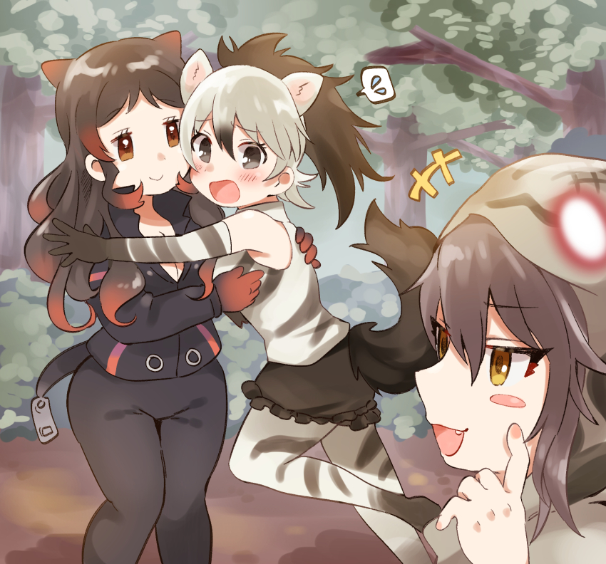 +++ 3girls aardwolf_(kemono_friends) animal_ears animal_print arm_around_back bare_shoulders black_hair black_shorts blush_stickers breasts brown_eyes cleavage closed_mouth collared_jacket day elbow_gloves extra_ears fake_tail fang finger_to_cheek flying_sweatdrops frilled_shorts frills furrowed_brow gloves grey_eyes grey_hair hair_between_eyes hand_on_another&#039;s_back hand_up hands_up high_collar high_ponytail highres hippopotamus_(kemono_friends) hippopotamus_ears hood hood_up hug index_finger_raised jacket kemono_friends long_hair long_sleeves looking_at_another multicolored_hair multiple_girls okinawa_habu_(kemono_friends) open_mouth orange_eyes outdoors outstretched_arm pants pantyhose pantyhose_under_shorts ponytail print_gloves print_pantyhose print_shirt red_hair running scared shirt shorts sidelocks sleeveless sleeveless_shirt smile spoken_sweatdrop standing suicchonsuisui sweatdrop tail tsurime two-tone_hair zipper_pull_tab