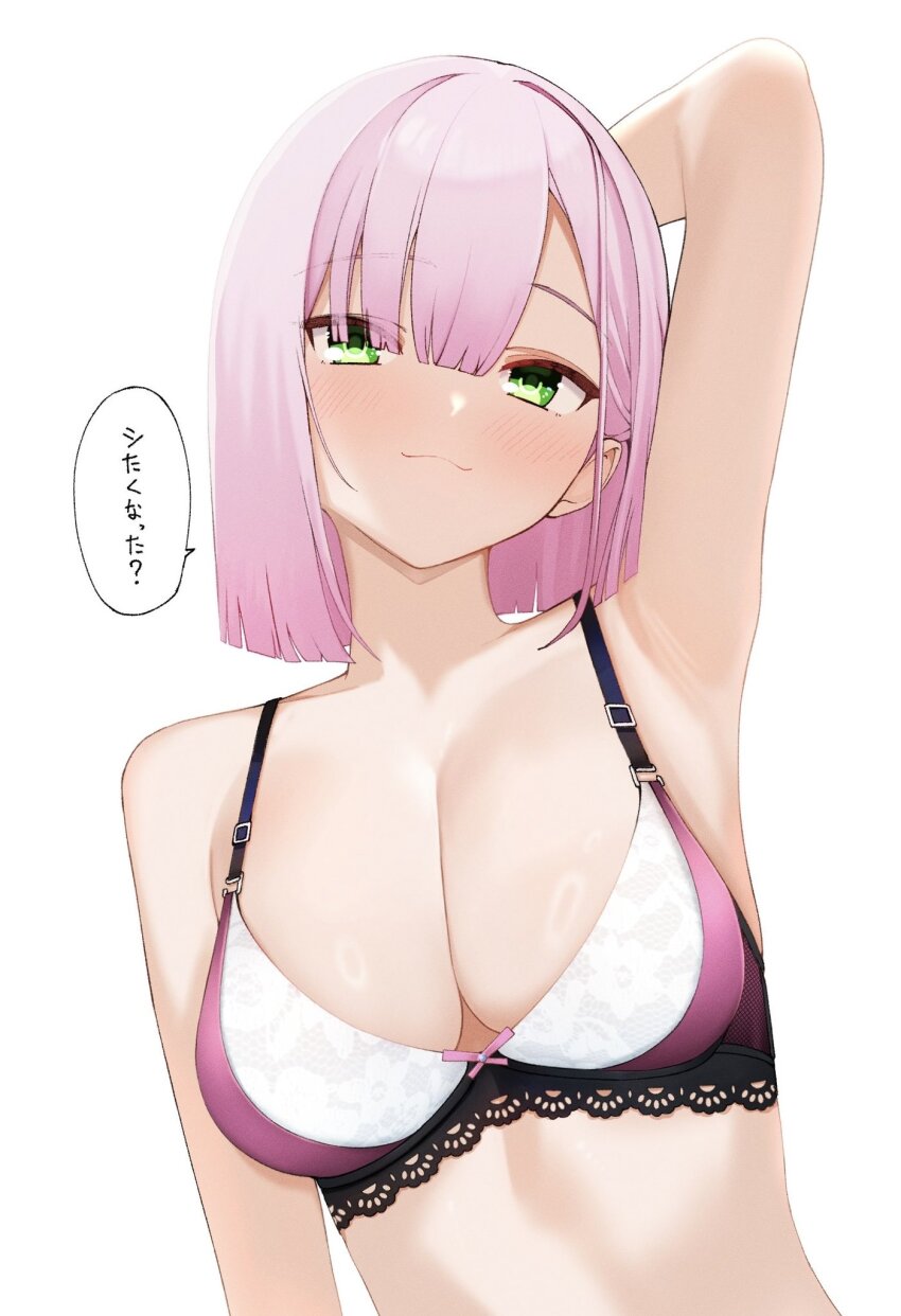 1girl :3 arm_at_side arm_behind_head armpits bare_shoulders blunt_bangs blunt_ends blush bob_cut bra breasts cleavage closed_mouth collarbone commentary_request eyes_visible_through_hair green_eyes head_tilt highres lace lace-trimmed_bra lace_trim large_breasts looking_at_viewer medium_hair naughty_face pink_hair presenting_armpit simple_background smile solo speech_bubble straight_hair tanikaze_amane tenshi_souzou_re-boot! tft_(tft7822) translated two-tone_bra underwear underwear_only upper_body white_background white_bra