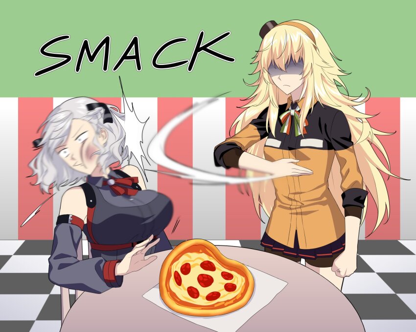 2girls bare_shoulders bike_shorts blonde_hair breasts checkered_floor clenched_hand collared_shirt commentary commission detached_sleeves english_text flag_print food girls&#039;_frontline green_eyes grey_hair hairband highres italian_flag italian_flag_print large_breasts long_hair margherita_pizza messy_hair miniskirt motion_blur motion_lines multiple_girls no_eyes orange_hairband orange_shirt pepperoni pepperoni_pizza pizza print_ribbon red_eyes ribbon rolling s.a.t.8_(girls&#039;_frontline) shaded_face shirt short_hair sitting skirt slapping sleeves_rolled_up smile sound_effects spas-12_(girls&#039;_frontline) suprii table twintails uniform very_long_hair