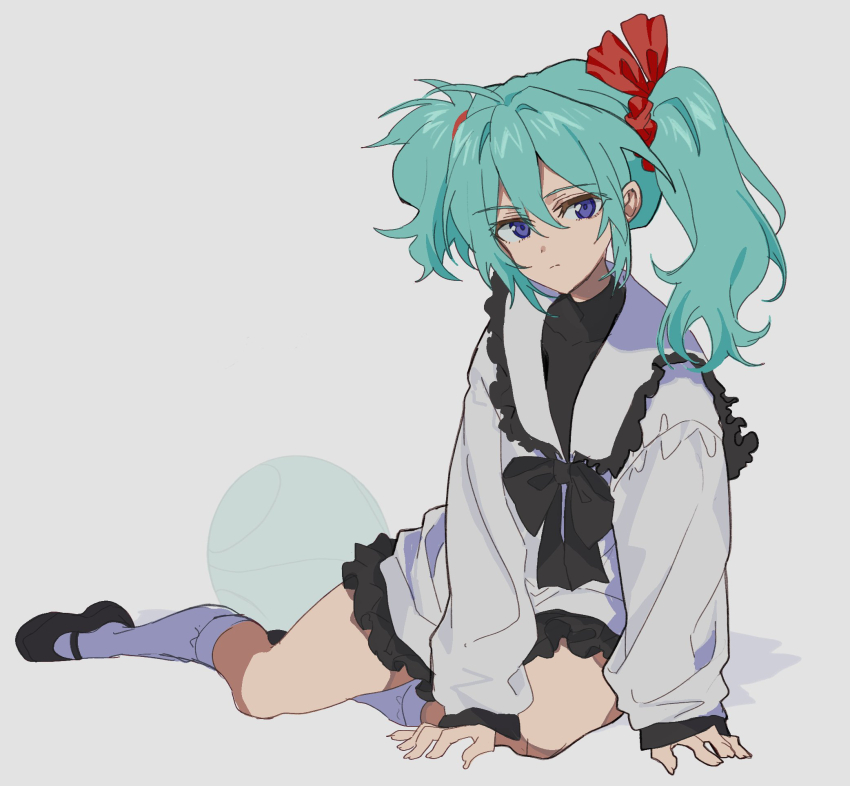 1girl acetylene-lamp aqua_hair arm_support black_bow black_shoes black_skirt blue_eyes bow bowtie char&#039;s_counterattack closed_mouth collared_shirt commentary_request expressionless eyes_visible_through_hair frilled_shirt_collar frills full_body gundam hair_between_eyes hair_bow highres long_hair long_sleeves looking_at_viewer mary_janes quess_paraya red_bow sailor_collar shirt shoes simple_background sitting skirt sleeves_past_wrists socks solo twintails uneven_twintails white_background white_sailor_collar white_socks yokozuwari