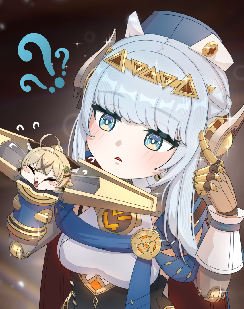 2girls ? ?? absurdres ahoge animal_ear_fluff animal_ears blue_cape blue_eyes blush_stickers braid brown_hair cape cat_ears cheek_squash closed_eyes closed_mouth confused dd_che_shen ears_down flying_sweatdrops genshin_impact grey_hair hand_up hat highres humanoid_robot index_finger_raised ineffa_(genshin_impact) joints kirara_(genshin_impact) looking_at_another mechanical_arms metal_skin mini_person minigirl multicolored_hair multiple_girls open_mouth parted_lips ringed_eyes robot robot_ears robot_girl robot_joints size_difference triangle_mouth two-tone_hair