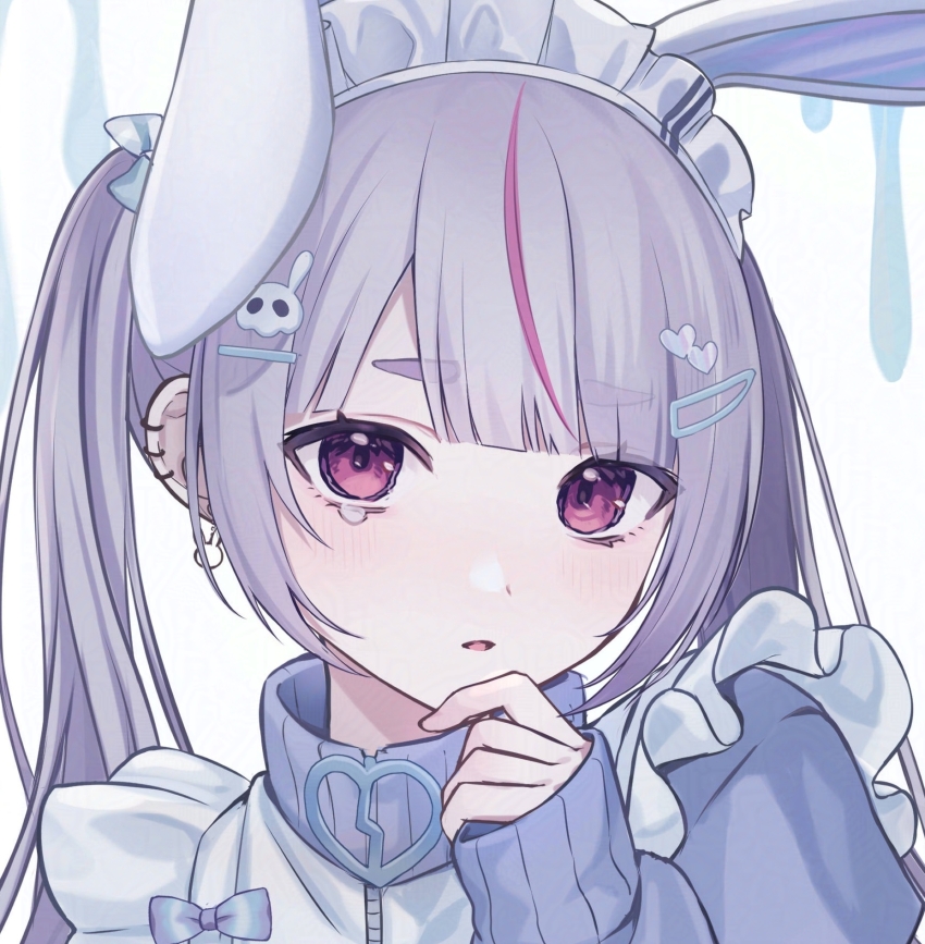 1girl ear_piercing frills highres jersey_maid light_blush maid maid_headdress maoupiisuke multicolored_hair piercing pink_hair portrait purple_eyes purple_hair simple_background solo tosaki_mimi tosaki_mimi_(4th_costume) twintails two-tone_hair unconventional_maid virtual_youtuber vspo! white_background