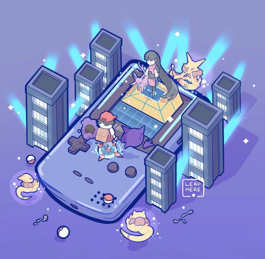 1boy 1girl abra alakazam black_hair commentary english_commentary espeon floating floating_object game_boy game_boy_color gastly gen_1_pokemon gen_2_pokemon handheld_game_console haunter isometric kadabra leaphere long_hair looking_at_another nintendo pants poke_ball pokemon pokemon_(creature) pokemon_lgpe pokemon_rgby purple_background red_(pokemon) red_eyes sabrina_(pokemon) shoes simple_background spiked_hair spoon standing