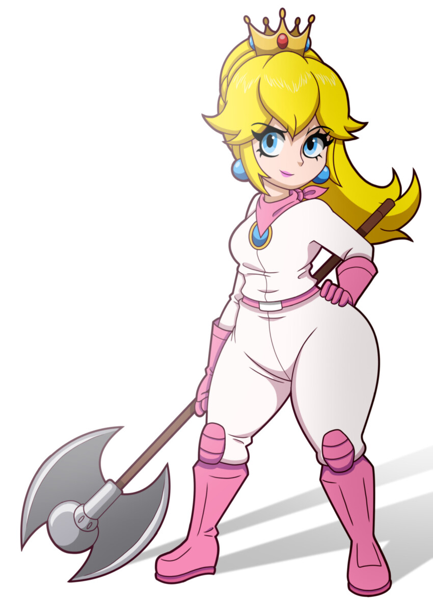 1girl axe biker_clothes biker_peach bikesuit blonde_hair blue_eyes bodysuit boots commentary crown earrings english_commentary gloves hand_on_own_hip highres holding holding_axe jewelry lipstick long_hair makeup mario_(series) nintendo pink_gloves princess_peach sidelocks skin_tight smile solo standing the_super_mario_bros._movie thick_thighs thighs tonyneely weapon white_bodysuit wide_hips
